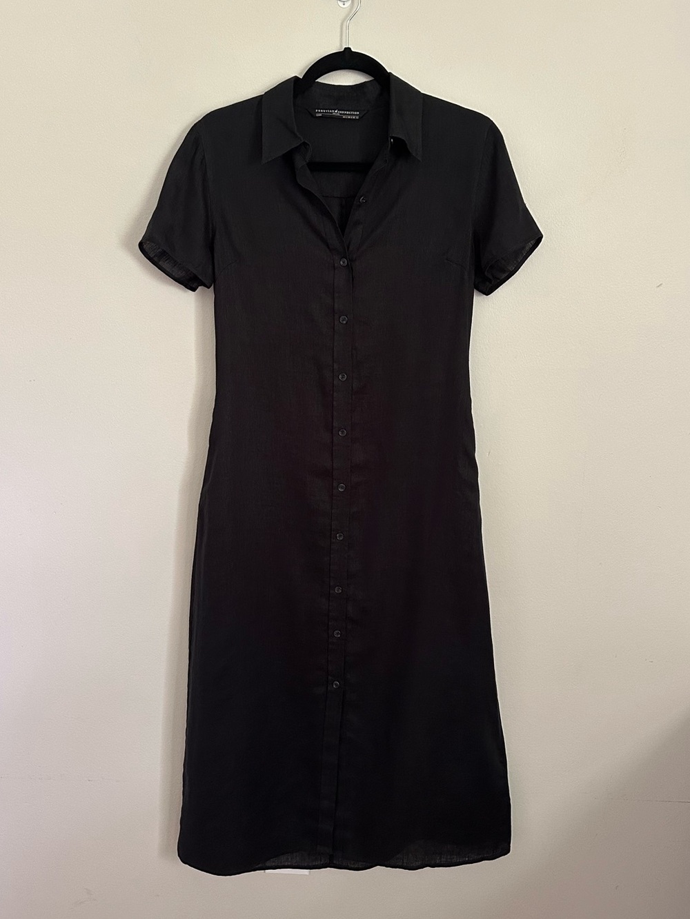 Peruvian Connection Black Linen Shirt Dress 2 Minimalist Button Front Midi Dress